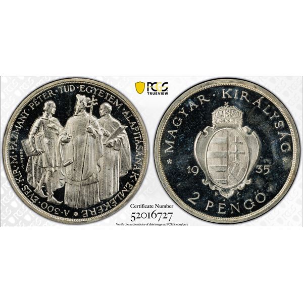 HUNGARY: Nicolas Horthy, Regent, 1920-1944, AR 2 pengo, 1935-BP, PCGS PF66 Deep Cameo