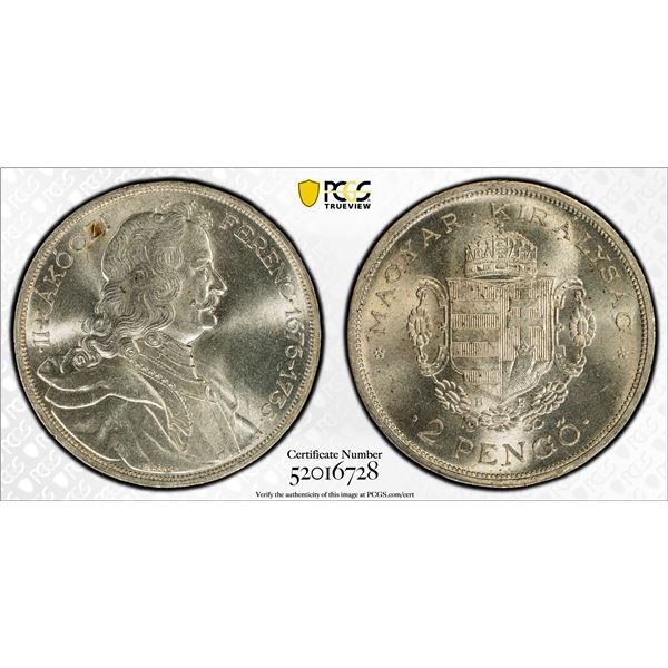 HUNGARY: Nicolas Horthy, Regent, 1920-1944, AR 2 pengo, 1935-BP, PCGS MS64