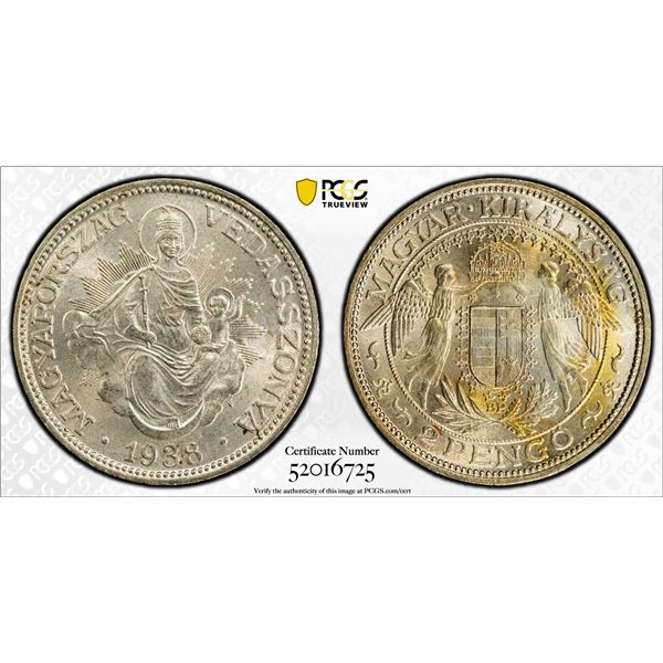 HUNGARY: Nicolas Horthy, Regent, 1920-1944, AR 2 pengo, 1938-BP, PCGS MS65