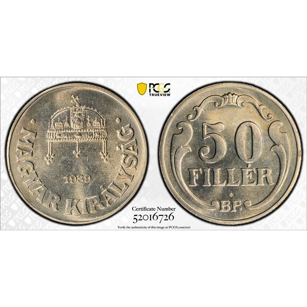 HUNGARY: Nicolas Horthy, Regent, 1920-1944, 50 filler, 1938-BP, PCGS MS66