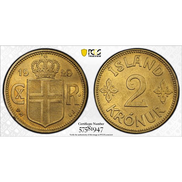 ICELAND: Christian X, 1918-1944, 2 kronur, 1929, PCGS MS65