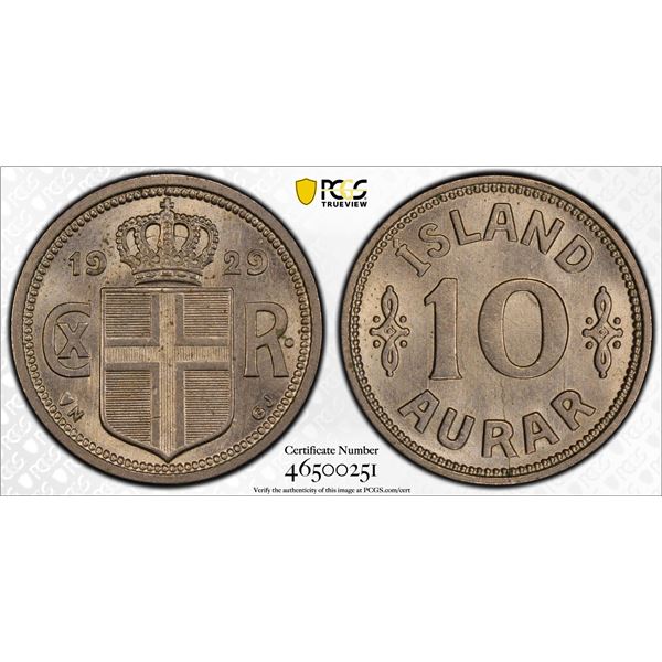 ICELAND: Christian X, 1918-1944, 10 aurar, 1929, PCGS MS64