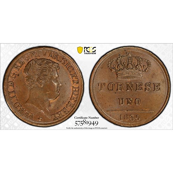 ITALY: NAPLES & SICILY: Ferdinando II, 1830-1859, AE tornesi, 1835, PCGS MS63 BN