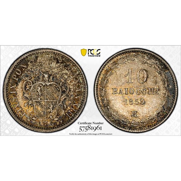 ITALY: PAPAL STATES: Pius IX, 1846-1870, AR 10 baiocchi, 1859-R year XIII, PCGS MS64