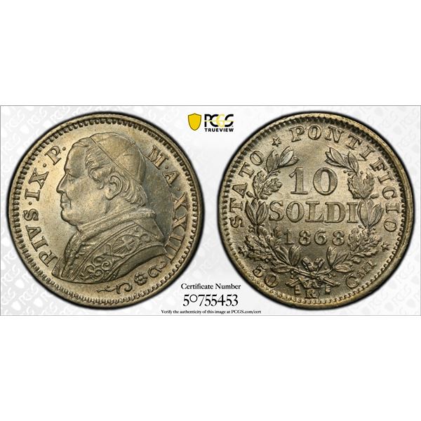 ITALY: PAPAL STATES: Pius IX, 1846-1878, AR 10 soldi / 50 centesimi, 1868-R year XXIII, PCGS MS63