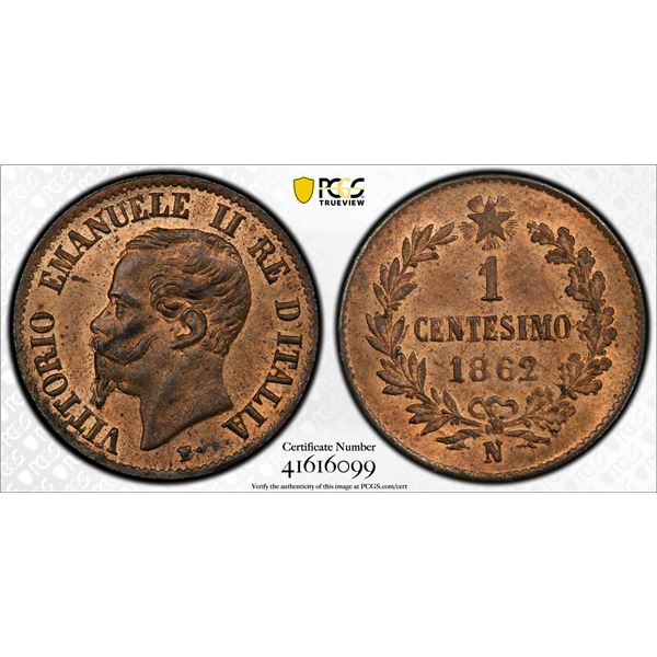 ITALY: Vittorio Emanuele II, 1861-1878, AE centesimo, 1862-N, PCGS MS64 RB