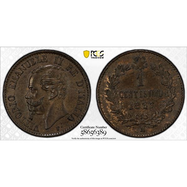 ITALY: Vittorio Emanuele II, 1861-1878, AR centesimo, 1867-M, PCGS MS64 BN