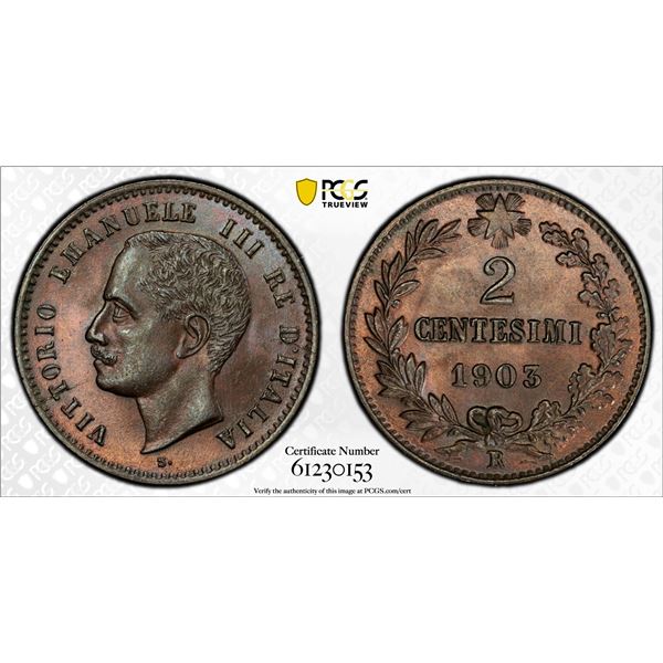 ITALY: Vittorio Emanuele III, 1900-1946, AE 2 centesimi, 1903-R, PCGS MS64 RB