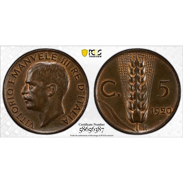 ITALY: Vittorio Emanuele III, 1900-1946, AE 5 centesimi, 1920-R, PCGS MS63 BN