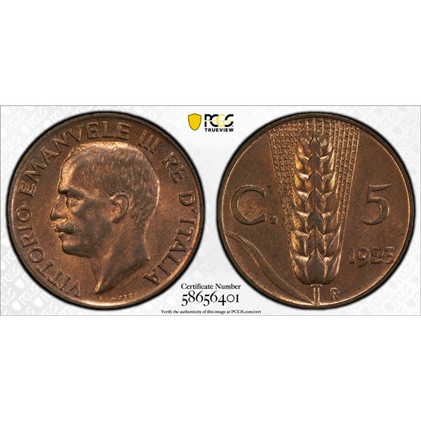 ITALY: Vittorio Emanuele III, 1900-1946, AE 5 centesimi, 1924-R, PCGS MS64 RB