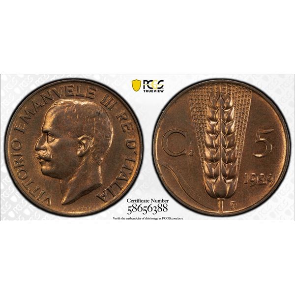 ITALY: Vittorio Emanuele III, 1900-1946, AE 5 centesimi, 1929-R, PCGS MS64 RB