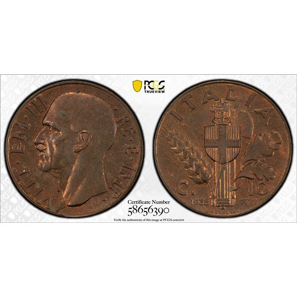 ITALY: Vittorio Emanuele III, 1900-1946, AE 10 centesimi, 1938-R year XVI, PCGS MS64 RB
