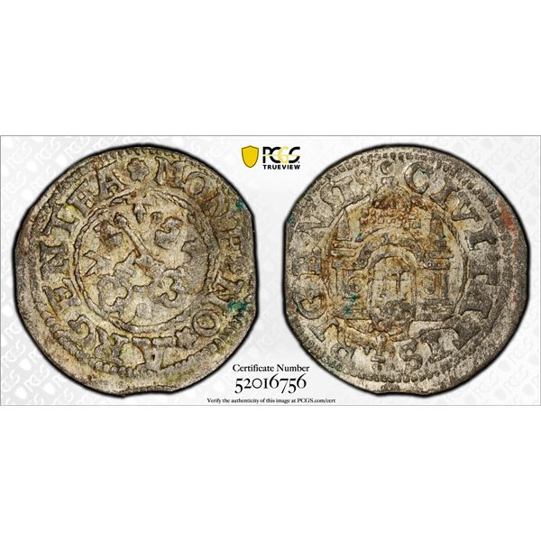 LIVONIAN CONFEDERATION: Free City, BI schilling (0.96g), Riga, [15]75, PCGS AU58