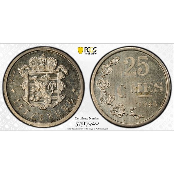 LUXEMBOURG: Charlotte, 1919-1964, AR 25 centimes, 1946, PCGS Specimen 66