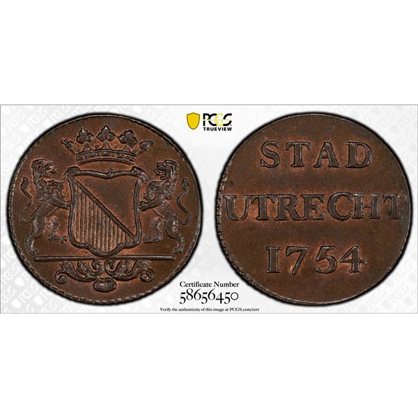 NETHERLANDS: UTRECHT: Dutch Republic, AE duit, 1754, PCGS MS65 BN