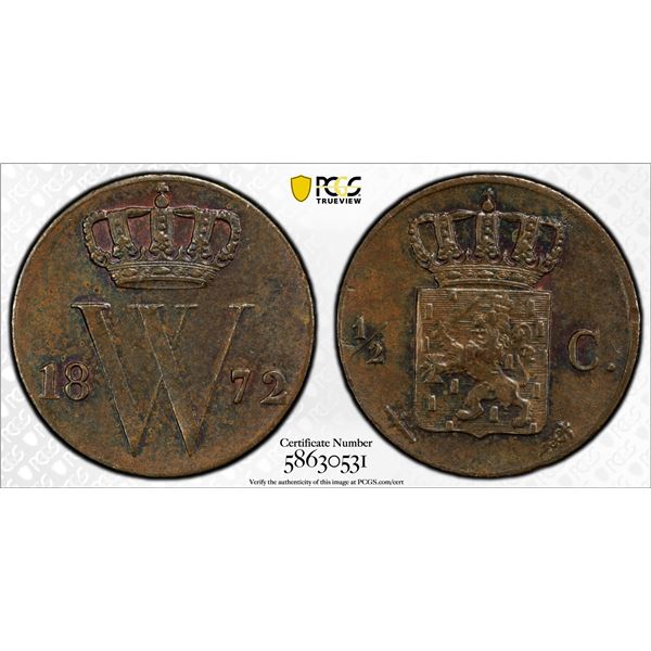 NETHERLANDS: Willem III, 1849-1890, AE 1/2 cent, 1872, PCGS MS62 BN