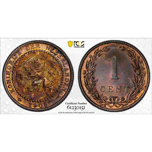 NETHERLANDS: Wilhelmina I, 1890-1948, AE cent, 1905, PCGS MS65 RB
