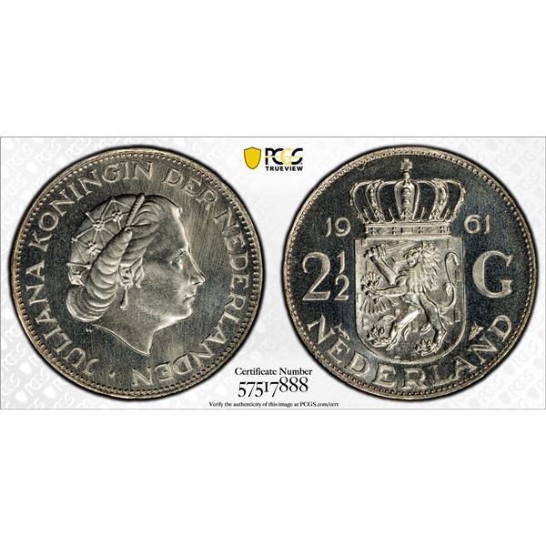 NETHERLANDS: Juliana, 1948-1980, AR 2½ gulden, 1961, PCGS Proof 66