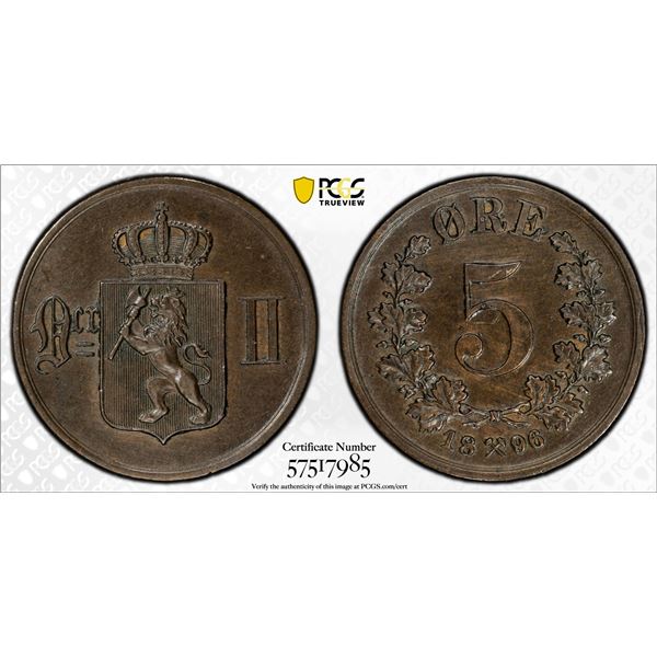 NORWAY: Oscar II, 1872-1907, AE 5 ore, 1895, PCGS AU58