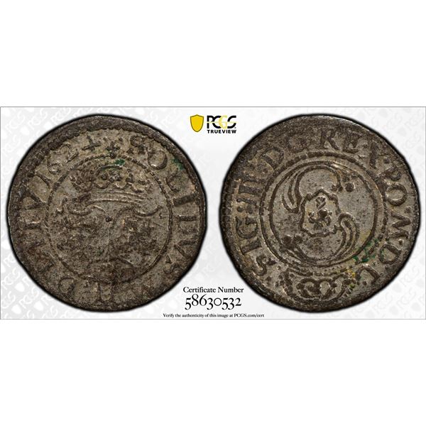 POLAND: Sigismund III Vasa, 1587-1632, BI schilling, Vilnius, 1624, PCGS AU53