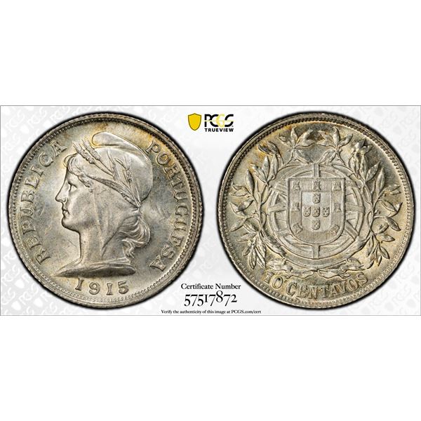 PORTUGAL: Republic, AR 10 centavos, 1915, PCGS MS64