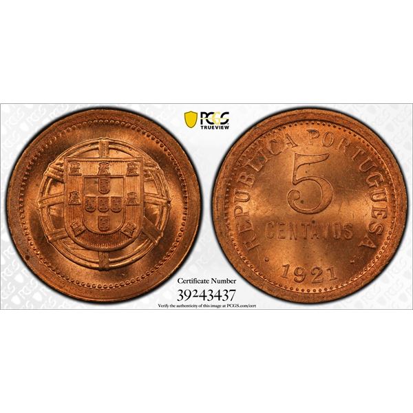 PORTUGAL: Republic, AE 5 centavos, 1921, PCGS MS65 + RD