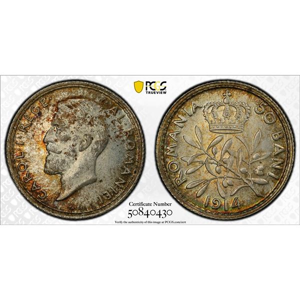 ROMANIA: Carol I, 1881-1914, AR 50 bani, Brussels, 1914, PCGS MS65