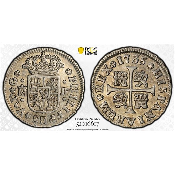 SPAIN: Felipe V, 1700-1746, AR 1/2 real, Madrid, 1735-M, PCGS AU58