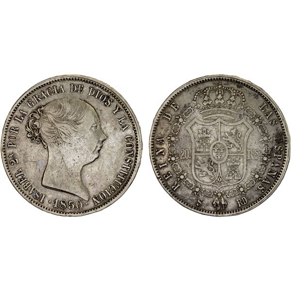 SPAIN: Isabel II, 1833-1868, AR 20 reales, Seville, 1850-S, Fine to VF