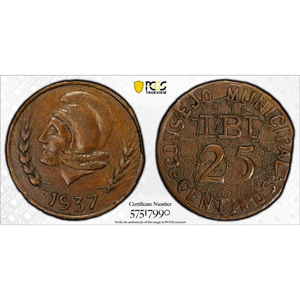 SPAIN: Civil War, AE 25 centimos, 1937, PCGS MS62 BN
