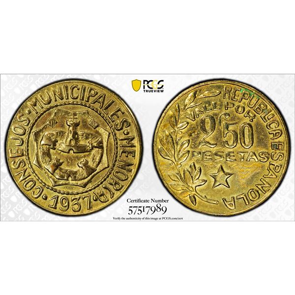 SPAIN: Civil War, 2½ pesetas, 1937, PCGS AU details