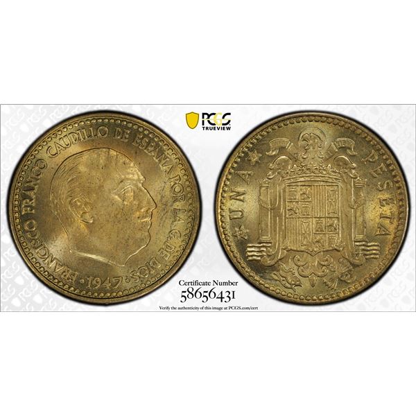 SPAIN: Francisco Franco, caudillo, 1947-1975, AE peseta, 1947 (48), PCGS MS64