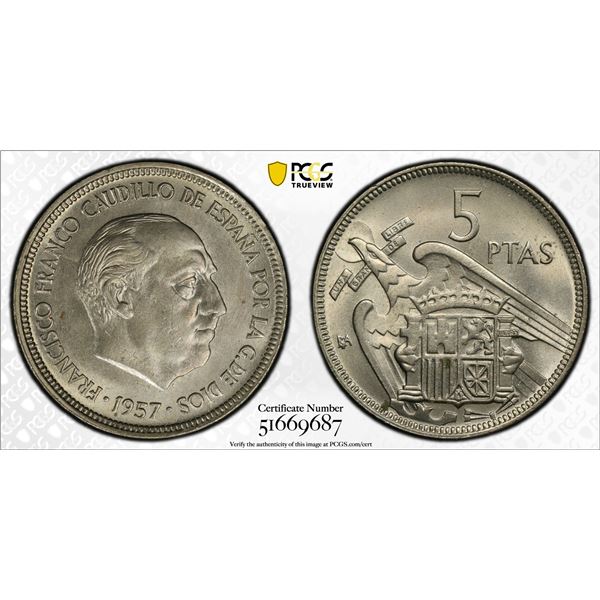 SPAIN: Francisco Franco, Caudillo, 1947-1975, 5 pesetas, 1957 (1958), PCGS MS64