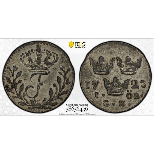 SWEDEN: Frederick I, 1720-1751, BI öre silvermynt, 1723, PCGS AU58