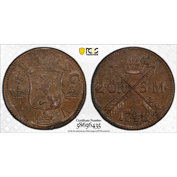 SWEDEN: Frederick I, 1720-1751, AE 2 öre, 1748, PCGS AU58