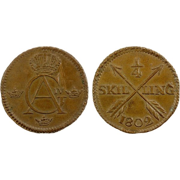 SWEDEN: Gustaf IV Adolf, 1792-1809, AE 1/4 skilling, 1802, AU