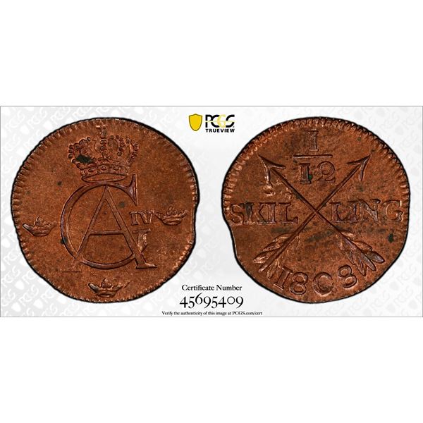 SWEDEN: Gustaf IV Adolf, 1792-1809, AE 1/12 skilling, 1808, PCGS MS63 RB