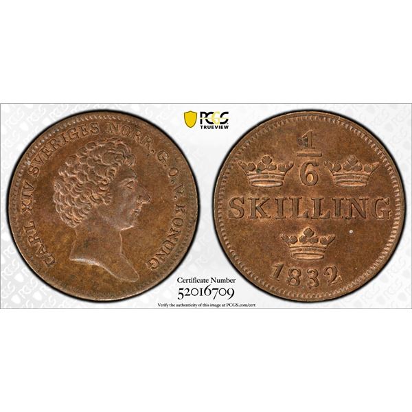 SWEDEN: Carl XIV Johan, 1818-1844, AE 1/6 skilling, 1832, PCGS MS65