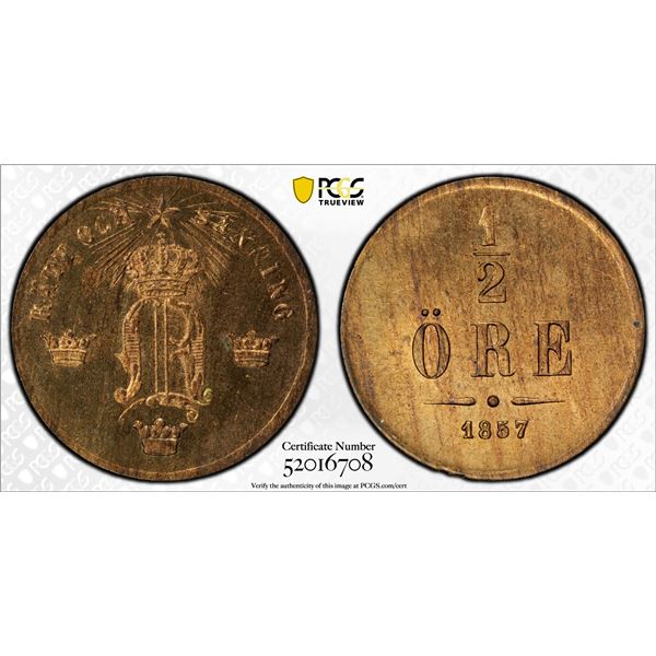 SWEDEN: Oscar I, 1844-1859, AE 1/2 ore, 1857, PCGS MS65