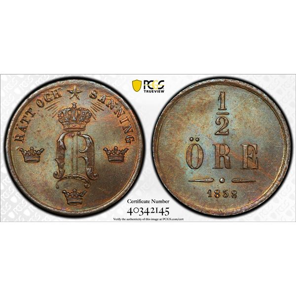 SWEDEN: Oscar I, 1844-1859, AE 1/2 öre, 1858, PCGS MS65 BN