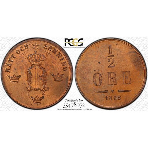 SWEDEN: Oscar I, 1844-1859, AE 1/2 öre, 1858, PCGS MS64 RB