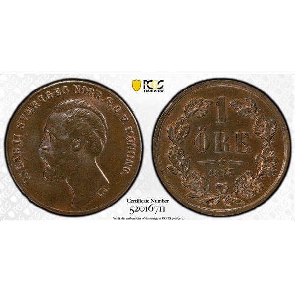 SWEDEN: Oscar II, 1872-1907, AE ore, 1873, PCGS MS64 BN