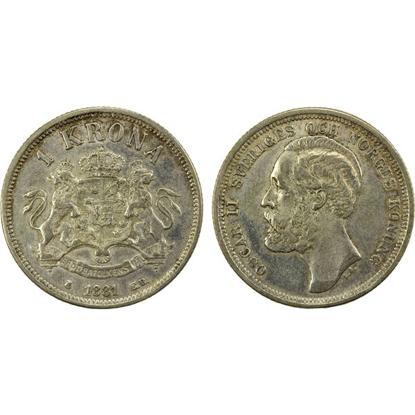 SWEDEN: Oscar II, 1872-1907, AR krona, 1881, XF