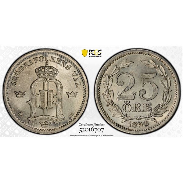 SWEDEN: Oscar II, 1872-1907, AR 25 ore, 1890, PCGS MS64