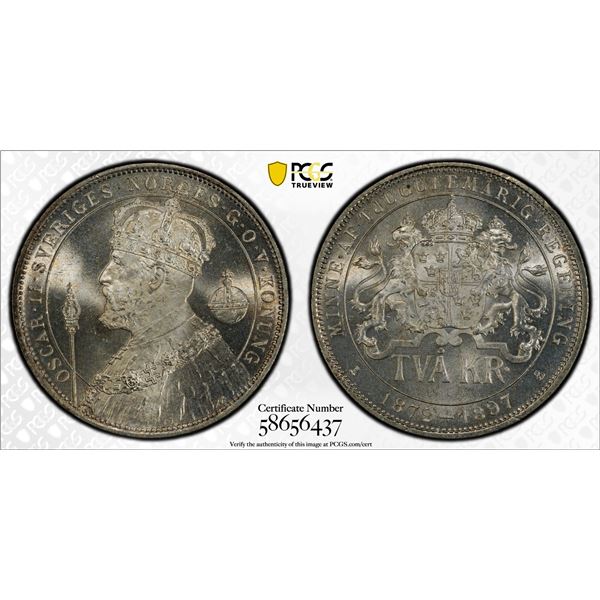 SWEDEN: Oscar II, 1872-1907, AR 2 kronor, 1897, PCGS MS65