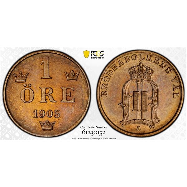 SWEDEN: Oscar II, 1872-1907, AE ore, 1905, PCGS MS64 RB