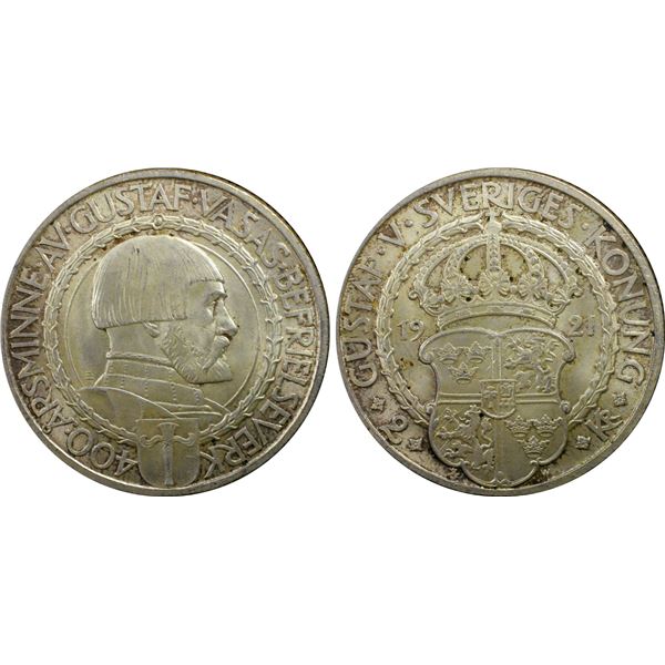 SWEDEN: Gustaf V, 1907-1950, AR 2 kronor, 1921, PCGS MS66