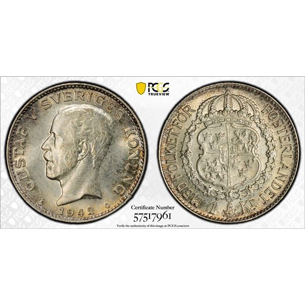 SWEDEN: Gustaf V, 1907-1950, AR krona, 1942, PCGS MS64