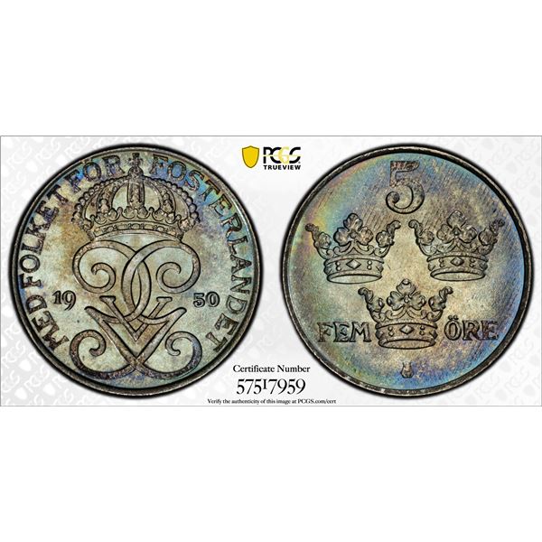 SWEDEN: Gustaf V, 1907-1950, 5 ore, 1950, PCGS MS65
