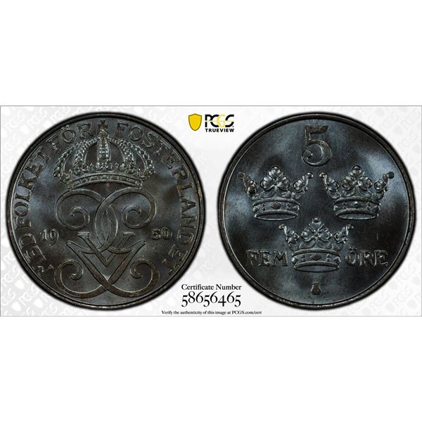 SWEDEN: Gustaf V, 1907-1950, 5 öre, 1950, PCGS MS65